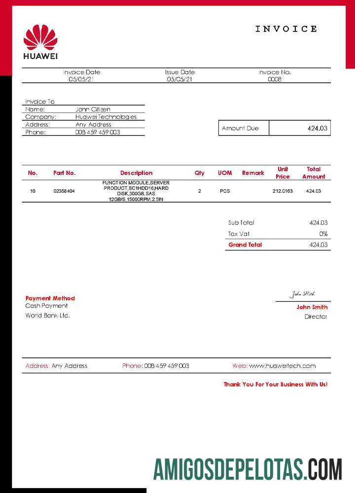 em branco Modelo de fatura Huawei dos EUA